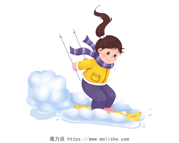 卡通插画手绘冬天滑雪女孩元素雪橇人物滑雪运动冬季PNG素材